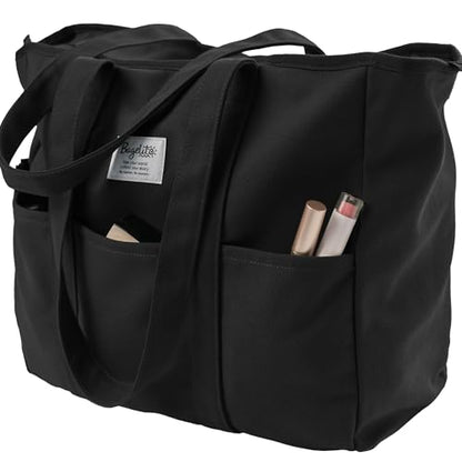 Bagelite Extra Large Canvas Tote for Women Men, Utility Work Bag with Zipper - color: Black