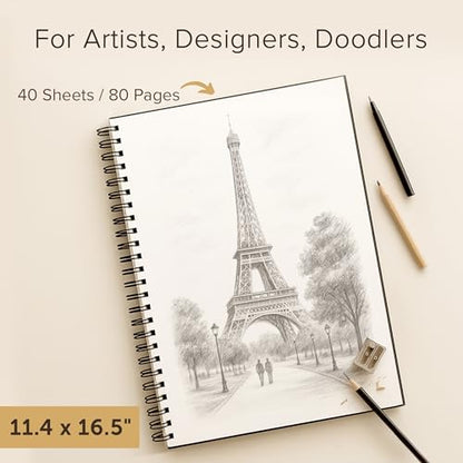 Artist’s Sketchbook Hardcover – 200GSM Very Thick Paper – Large, Spiral Sketch Book for Drawing and Mixed Media – Sketch Pad, Art Book - 11.4 x16.5, 40 Sheets / 80 Pages - size: 11.4 x 16.5 inches