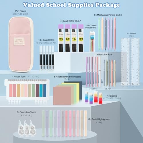 MoKo Pencil Case with Supplies, 60Pcs Aesthetic School Set, Pink | Includes highlighters, gel and ballpoint pens, mechanical pencils, refills, sticky notes, correction tapes and rulers. - color: Pink-60P
