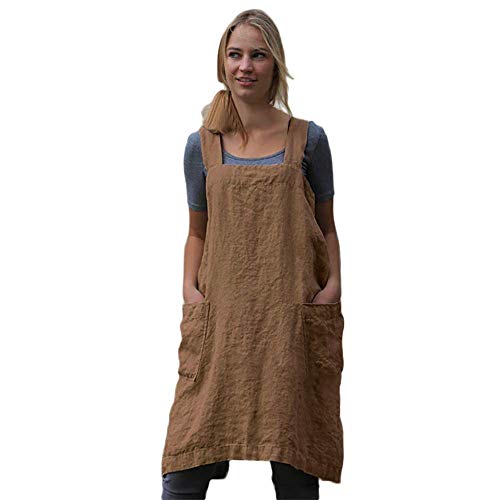 Women's Pinafore Square Apron Baking Cooking Gardening Works Cross Back Cotton/Linen Blend Dress with 2 Pockets - color: Brown, size: X-Large