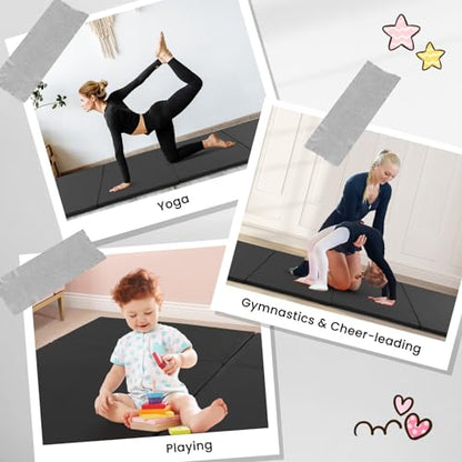Giantex 4'x10'x 2" Gymnastics Mat, 4-Panel Folding Aerobics Exercise Mat w/Hook & Loop Fastener, Carrying Handle, Portable Tumbling Mat for Stretching Yoga Cheerleading Martial Arts - color: Black