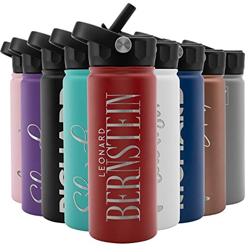 Amazing Items Personalized Water Bottle w/Straw & Lid, 18 oz - Fire Red | Custom Stainless Steel Sports Water Bottle w/Name and Text - Double-Wall, Vacuum Insulated - Rotating Handle - color: Fire Red, size: 18 Ounces