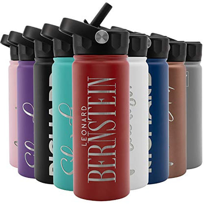 Amazing Items Personalized Water Bottle w/Straw & Lid, 18 oz - Fire Red | Custom Stainless Steel Sports Water Bottle w/Name and Text - Double-Wall, Vacuum Insulated - Rotating Handle - color: Fire Red, size: 18 Ounces