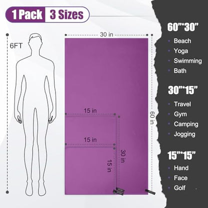 Quick Dry Travel Towel, 3 Sizes 1 Pack Camping Microfiber Towel, Lightweight Fast Drying Towels Set 60"x30", 30"x15", 15"x15" w/Bag for Gym, Beach, Hiking, Swimming, Purple - color: Purple