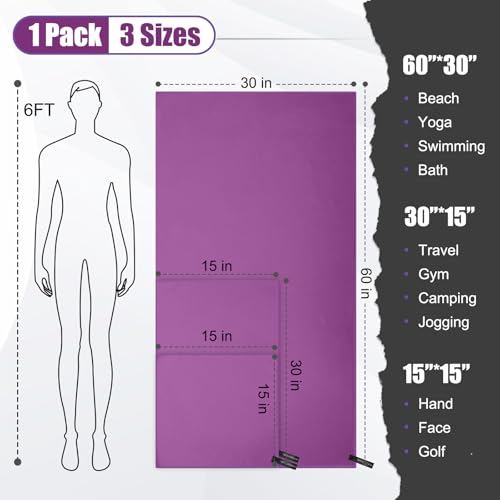 Quick Dry Travel Towel, 3 Sizes 1 Pack Camping Microfiber Towel, Lightweight Fast Drying Towels Set 60"x30", 30"x15", 15"x15" w/Bag for Gym, Beach, Hiking, Swimming, Purple - color: Purple
