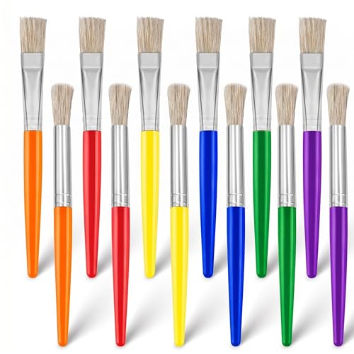 Qtopun 12Pcs Paint Brushes Set for Acrylic Oil Watercolor Gouache Tempera Round & Flat Bristle Brush Assorted Sizes for Canvas Rock Face Nail Art Painting Supplies