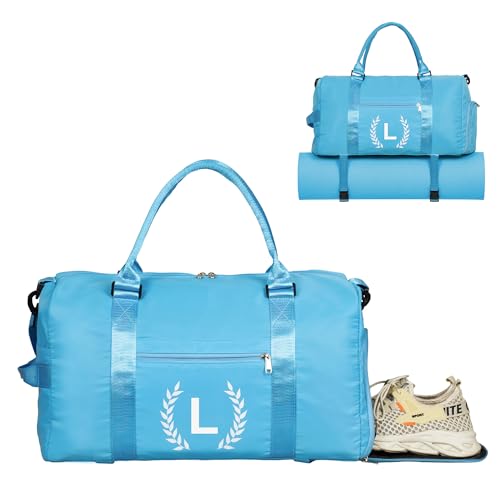 Gym Bag for Women, Personalized Duffle Bag with Shoe Compartment, Sports Bag for Yoga & Dance with Wet Pocket and Mat Strap(AquaBlue,L) - color: AquaBlue, size: L