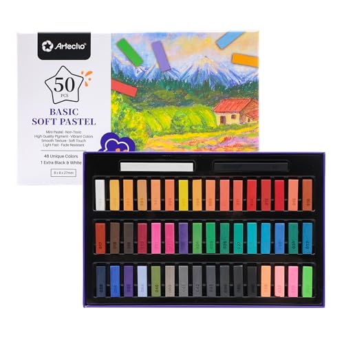 Artecho Soft Pastels, 50pcs, 48 Colors | 4 Fluorescent Colors, Extra Free Black & White, Square Chalk, For Drawing, Blending, Layering, Shading - style: 48 colors short