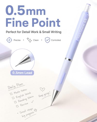 Four Candies 0.5mm Pastel Mechanical Pencil Set with Case, 3-Pack | 360 Leads, 3 Erasers+9 Refills, Cute Pink/Purple/Blue Barrels, Non-Slip Grip, Fine Lines for Notes, Tests & Drawing - style: 0.5mm