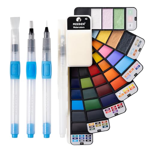 MEEDEN Travel Watercolor Paint Set: 42 Colors Water Color Paint Palette | Portable Paint Palette Including 7 Pearlescent and 5 Macarone Colors - color: 42 New Colors, size: 1 Count (Pack of 1)