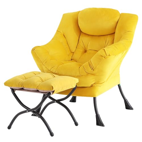 Tiita Lazy Chair with Ottoman, Comfy Reading Accent Chair, Velvet Yellow - color: Yellow