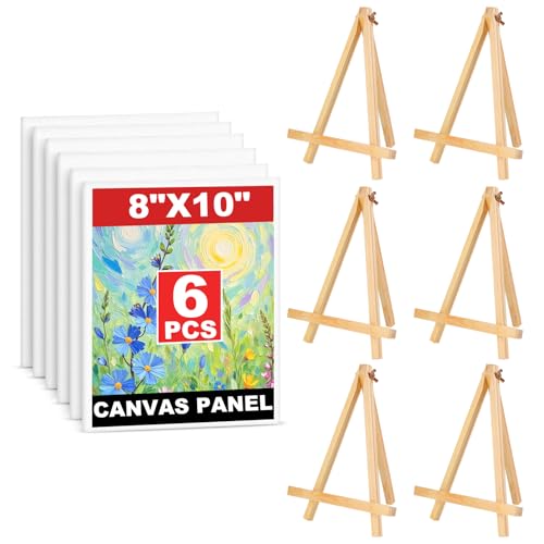 6 Pack 8x10 Inch Canvas Boards with Easel – Beginner Painting Kit for Acrylic, Oil, and Watercolor Crafts, Perfect for Sip and Paint Parties
