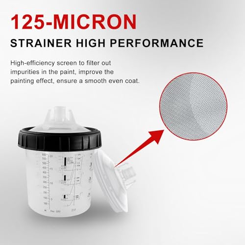 RRJ Disposable Paint Cup Spray Gun Cup, Paint System for LVLP and HVLP Spray Gun Kit 600 ML Mixing Cup with 50 Cups Liners and Lids, 1 Hard Cup with Retainer Ring, 2 Cup Adapter, Stirrer - color: 20 Ounce (600ml) Kit-50PCS