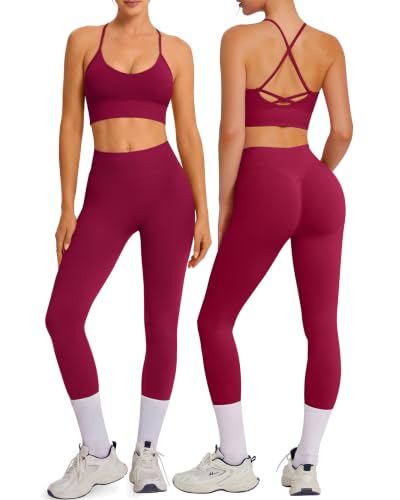 OMKAGI Padded Workout Sets for Women Cross Back Tank Gym Leggings Outfits - color: 772-wine Red, size: Large