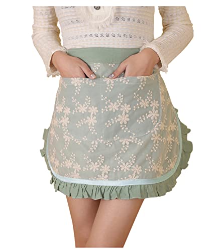 Unisex Chef Aprons White Retro Cotton Maid Short 2 Pockets Waist Waiter Waitress Half Apron - color: Green-embroidered