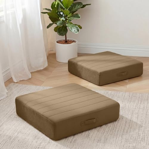 MeMoreCool 22 Inch Square Floor Pillows for Adults, 2 Pack Coffee Cushions | Set of 2 coffee washable tufted floor cushions, thick foam seats for yoga, meditation, tv room - color: Light Coffee, size: 22 Inch