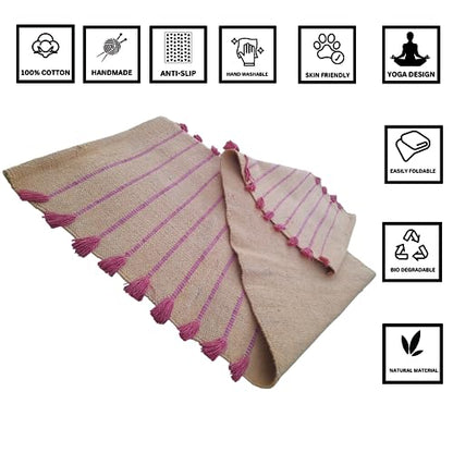 Jaipur art & Rugs Cotton Yoga Mat - Eco-Friendly Hand-Woven Rug - Non Slip & Thick (24”x72”x5mm) for Everyday Fitness at Home - Comfortable Extra-Long - color: Red & Light Yellow