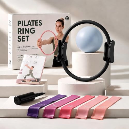 PAETA Pilates Ring Set – 14” Magic Circle (38 lbs Resistance), 9.8” Pilates Ball, 5 Resistance Bands, and Exercise Guide Included for Home Workouts - color: black