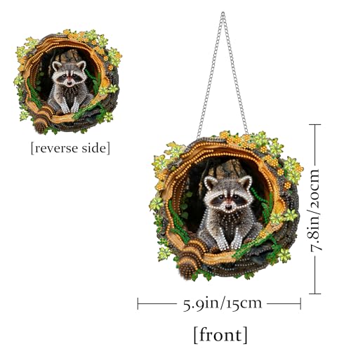 Hanging Diamond Art Kits for Adults Raccoon Animals - 8x8 Inch Double-Sided Acrylic Board DIY Crystal Diamond Suncatcher Pendant, Sparkling Home Wall or Window Decoration Handmade Gift - color: Raccoon
