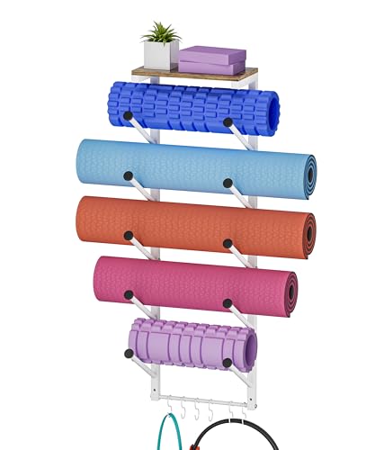 5 Tiers Yoga Mat Holder Rack Wall Mount with 6 Hooks for Hanging Accessory Yoga Strap Foam Rollers Resistance Bands, Yoga Mats Organizer with Floating Shelf for Home Gym Storage Fitness - color: White