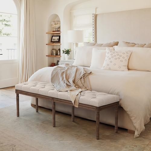 LUE BONA 60" Fabric End of Bed Bench, Upholstered Tufted French Bedroom Bench with Carved Dark Brown Legs for Bedroom End of King Size Bed, Living Room, Linen - color: Linen and Dark Brown, size: 60''