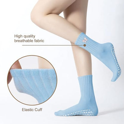 Women's Pilates Grip Socks, Ruffle Non Slip Bow Pattern Yoga Socks | Grippy, Frilly Trim, Embroidery, Crew Length, Soft Cotton, Arch Support, for Barre Ballet Dance Workout Hospital Home Gifts - color: C05-blue(white Bow)*2