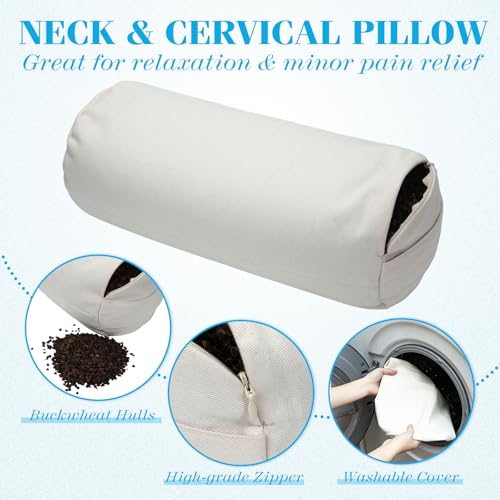 DoubleFill Buckwheat Pillow Cylinder Bolster Pillow to Provide Firm Support, Cervical Neck Roll Adjustable with Organic Pillowcase, Tartary Buckwheat Hulls