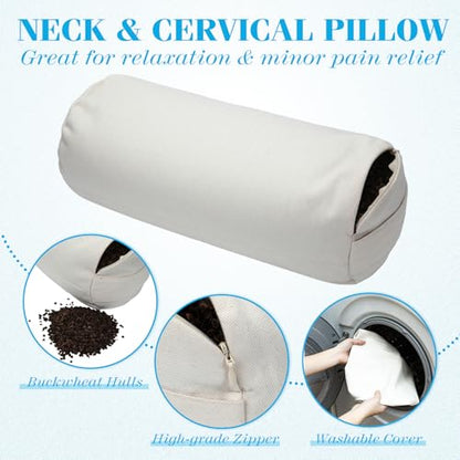 DoubleFill Buckwheat Pillow Cylinder Bolster Pillow to Provide Firm Support, Cervical Neck Roll Adjustable with Organic Pillowcase, Tartary Buckwheat Hulls