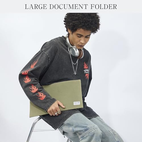 Rough Enough Important Document Storage, File Folder Organizer Pouch Green | 16oz waxed canvas, Water-Resistant nylon, YKK zipper. 16x11in fits even a tablet，Red inner lining，Office and travel