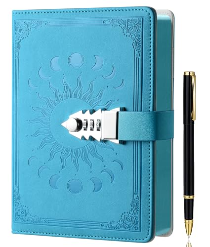 ZXHQ Journal with Lock with Pen,A5 224 Pages Lock Diary, Colorful Edge, Refillable, Leather Hardcover 8.5" × 5.9" - Navy Blue - color: Lake Blue