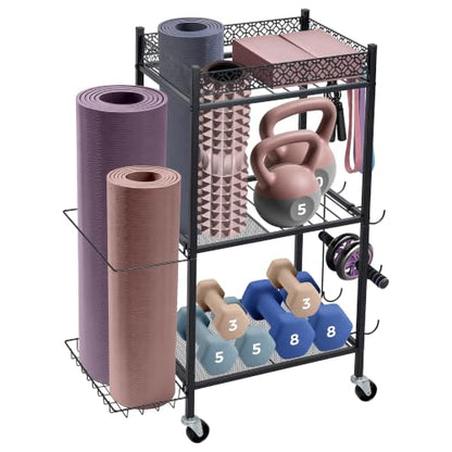 Yoga Mat Storage Rack with Wheels Home Gym Essentials
