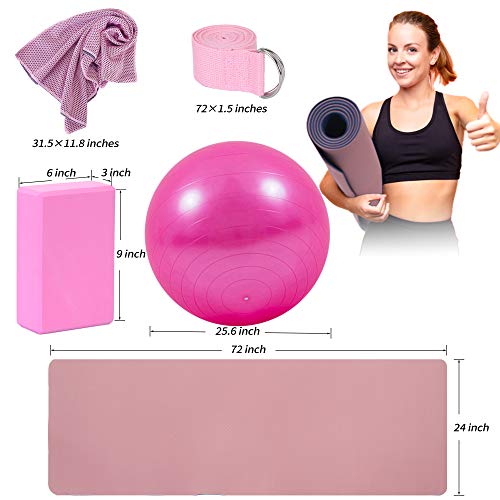 Yoga Starter Kit - 11-Piece Set with Yoga Blocks, Strap, Ball, Mat, Carrying Strap, Net Bag, Cooling Towel - color: Pink