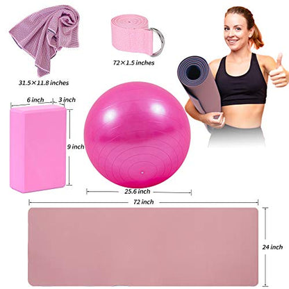 Yoga Starter Kit - 11-Piece Set with Yoga Blocks, Strap, Ball, Mat, Carrying Strap, Net Bag, Cooling Towel - color: Pink