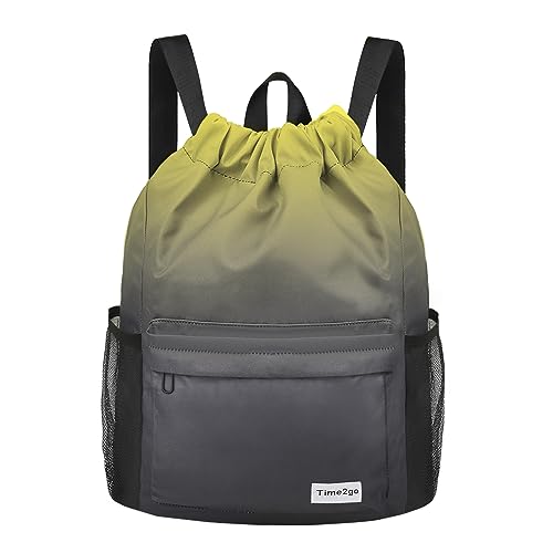 Drawstring Backpack Sports Gym Sackpack with Mesh Pockets Water-Resistant String Cinch Beach Bag for Men Women(Yellow Black) - color: Yellow Black