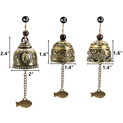 Peohud 6 Pieces Vintage Chinese Dragon Bell, Lucky Blessing Wind Chimes, Good Luck Fish Buddha Hanging Bell for Home Garden Patio Car Door Chime or Decor