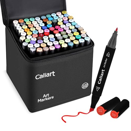 Caliart 100 Colors Alcohol Markers Dual Tip Art Markers for Adult Coloring | Fine & Chisel Tip Permanent Sketch Pens with Storage Case & Bleed-prevention Sheet for Beginners Artists Drawing Illustration - color: Black, size: 1 Count (Pack of 100)