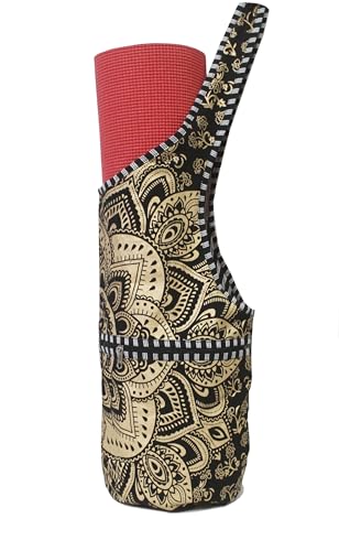 INDIAN CRAFT CASTLE Yoga Mat Bag | Tote Mat Bag | Sling Yoga Tote w/Large Side Pocket & Zipper Pocket | Yoga Mat Carrier Fits Most Size Mats - color: Black Gold