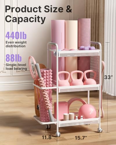 YOTTOY 3-Tier Gym Storage Rack for Home Gym–Multi-Functional Weight Rack, Dumbbell Rack, Yoga Mat Holder with Side Basket & 6 Hooks, Gym Equipment Organizer - color: White