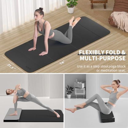 Foldable Yoga Mat Extra Large 74"×31.5" | Double-Sided Non-Slip,Extra Wide Foldable Design,8mm Extra Thick,Exercise Mat for Home, Studio and Travel Use - color: Black+Gray