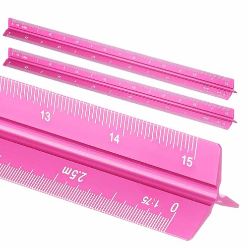 HARFINGTON 2 Pcs Architectural Scale Ruler, 12 Inch Metric Aluminum Alloy Architect Triangular Small Scale Laser-Etched Blueprint Drafting Ruler for Architects Engineers, Rose Red - color: Rose Red, size: 12 Inch