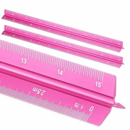 HARFINGTON 2 Pcs Architectural Scale Ruler, 12 Inch Metric Aluminum Alloy Architect Triangular Small Scale Laser-Etched Blueprint Drafting Ruler for Architects Engineers, Rose Red - color: Rose Red, size: 12 Inch