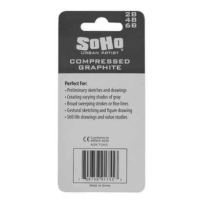 SoHo Urban Artist Compressed Graphite Sticks 6B, Pack of 3 - Premium Graphite Sticks for Drawing - Versatile & Smooth Gliding Artist Graphite - Ideal for Professionals, Students, and Artists - color: 6B