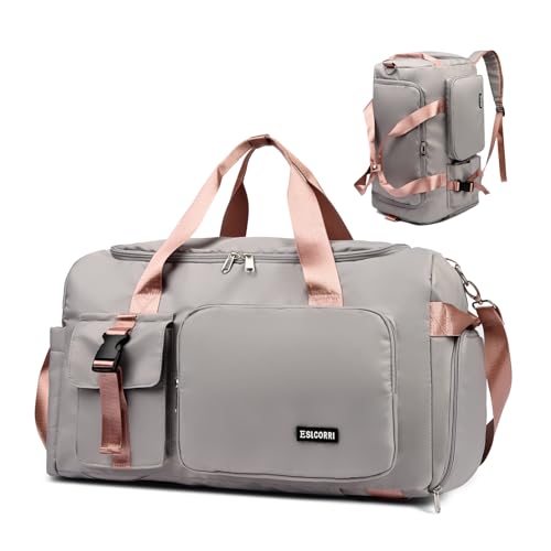 Eslcorri Gym Duffel Bag Travel Backpack with Shoe, Wet Compartment, GrayPink - color: 42L-GrayPink