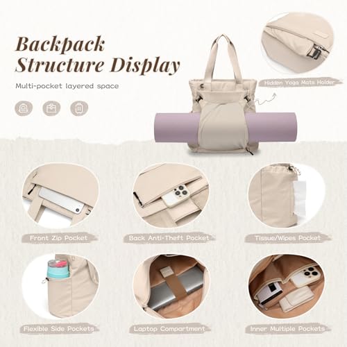GOLF SUPAGS 3-in-1 Laptop Tote Backpack for Women 15.6" Quilted Work Gym Bag with Hidden Yoga Mat Carrier for Travel Leisure (Apricot) - color: Apricot
