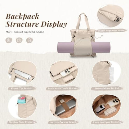 GOLF SUPAGS 3-in-1 Laptop Tote Backpack for Women 15.6" Quilted Work Gym Bag with Hidden Yoga Mat Carrier for Travel Leisure (Apricot) - color: Apricot