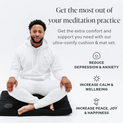 Mindful & Modern Meditation Cushion & Zabuton Meditation Mat Bundle - 100% Cotton Meditation Cushion Set for Yoga - Buckwheat Crescent Shaped Zafu Floor Pillow Rectangular Mat - Minimal Black Color