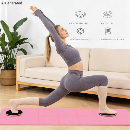 Foldable Yoga Mat with Resistance Band & Sliding Discs, 0.24" Thick Eco-Friendly TPE Non-Slip Workout Mat, Portable for Yoga, Pilates, Home Gym & Travel (72." x 24" x 0.24") - color: PInk