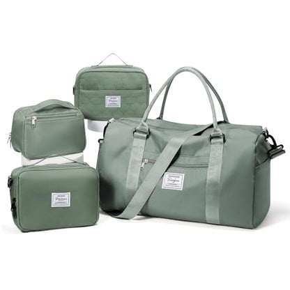 Gym Bag Womens Mens with Shoes Compartment Travel Duffel Bag for Women for Plane Sport Gym Tote Bags Swimming Yoga Weekend Overnight Carry on Bag Hospital Holdalls 4Pcs Set Dark Green - color: P2-Dark Green