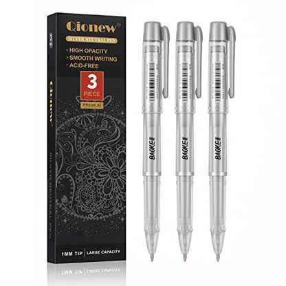 Qionew Silver Gel Pens, 3 Pack, Silver Gel Ink Pen Set for Art Highlight | Fine Point Gel Ink Pen, Opaque Archival Ink Pens, Silver Pen for Black Paper Drawing, Illustration, Card Making, Journaling - size: 1 Count (Pack of 3), style: Silver