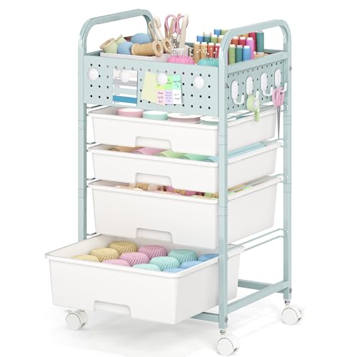 SYKIARIOL Drawer Rolling Storage Cart with Pegboard Top and Hooks, Green, 4-Drawers - color: Green, size: 4-Drawers
